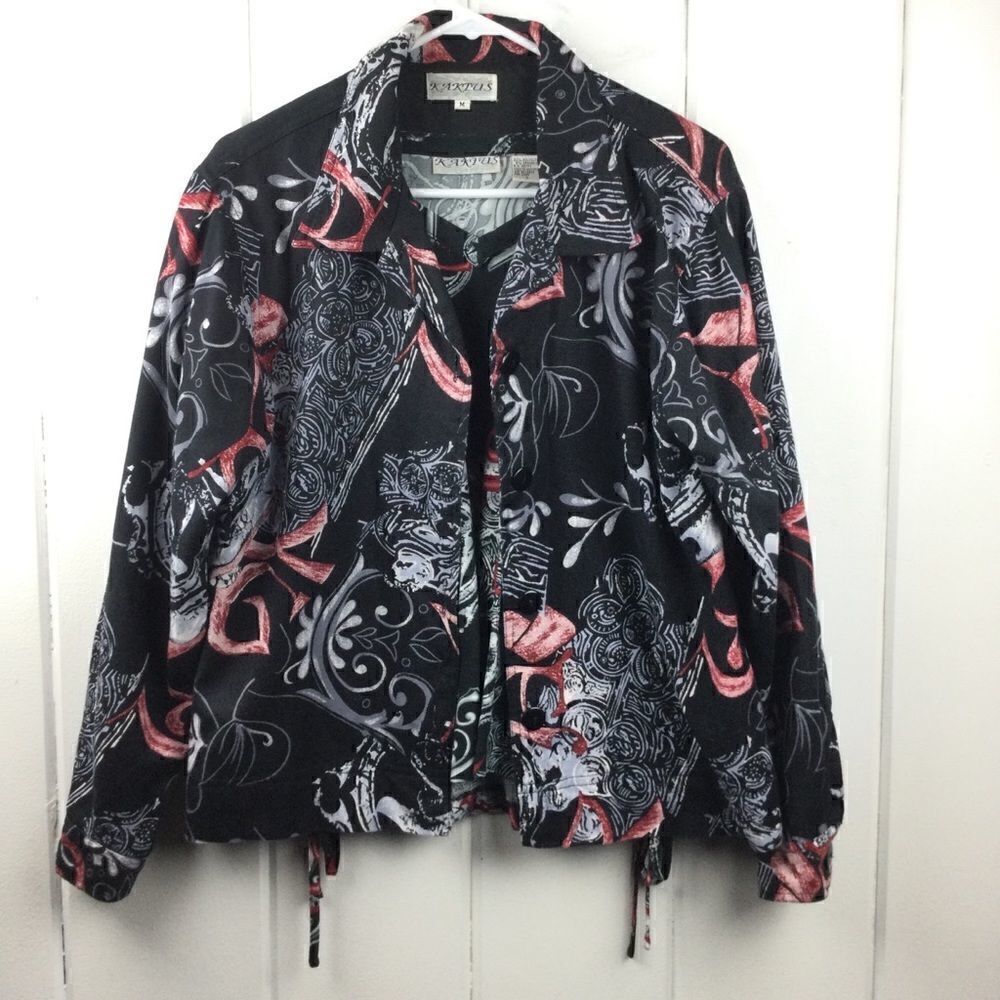 Kaktus Black Graphic Jacket (M) & Matching Cinch Side Blouse (L), Vintage Set